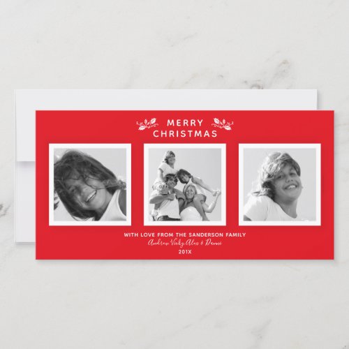 Simple Modern Red  White Merry Christmas 3 Photo Holiday Card
