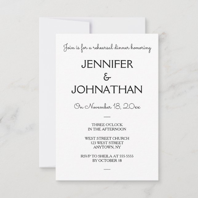 Simple modern rehearsal dinner invitations (Front)