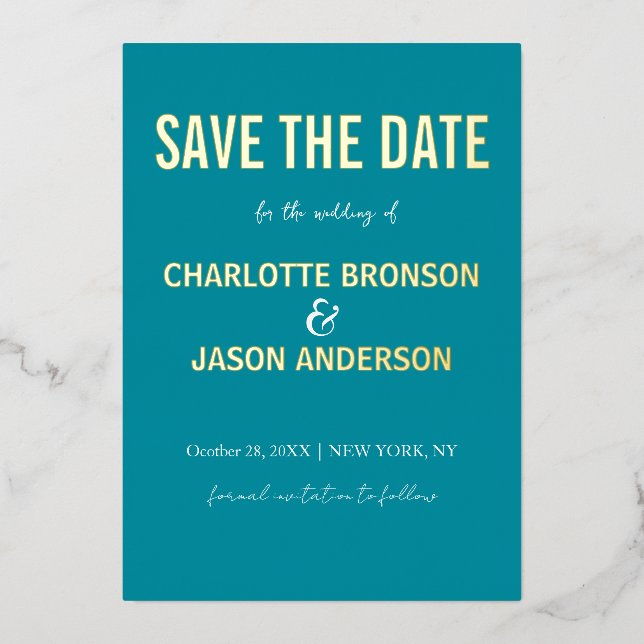 Simple Modern Retro Teal Save The Date Gold   Foil Invitation (Front)