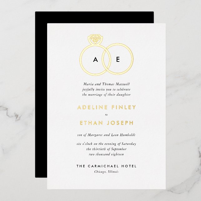 Simple Modern Rings Monogram Wedding Foil Invitation (Front/Back)