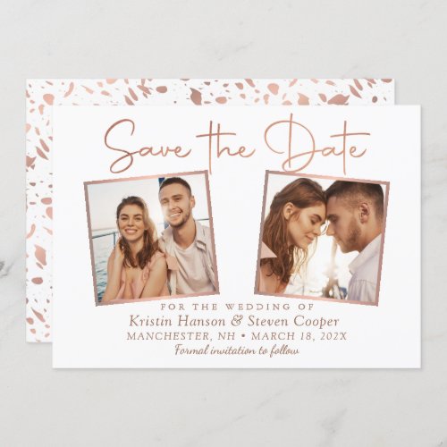 Simple Modern Rose Gold 2 Photo Save The Date Card