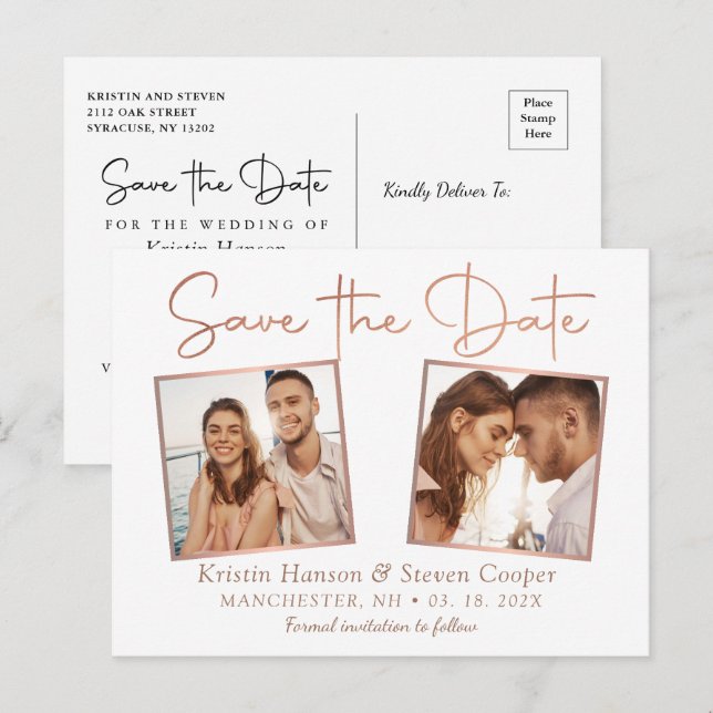 Simple Modern Rose Gold 2 Photo Save The Date Postcard (Front/Back)
