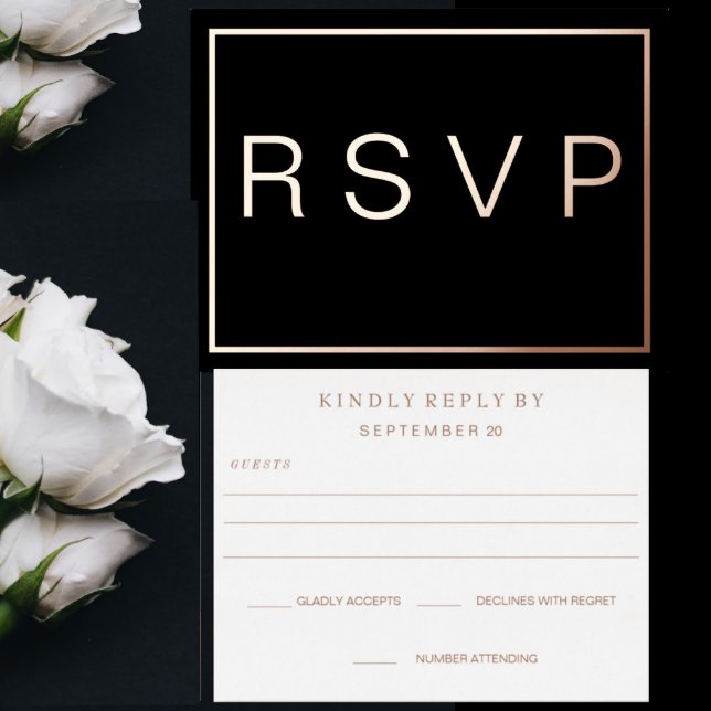 Simple Modern ROSE Gold Border Wedding RSVP     Foil Invitation Postcard