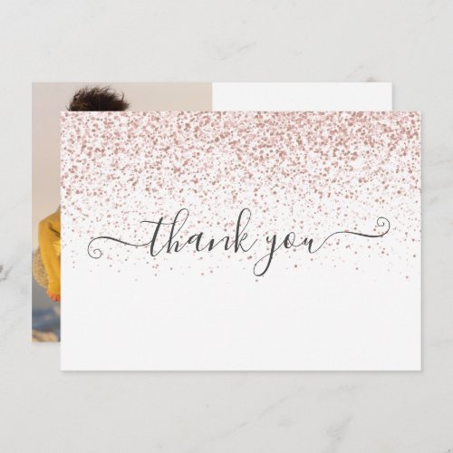 Simple Modern Rose Gold Glitter Script Photo Thank You Card