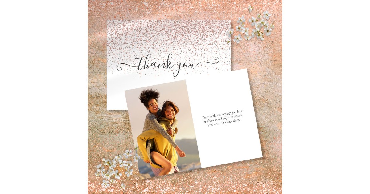 Simple Modern Rose Gold Glitter Script Photo Thank You Card | Zazzle