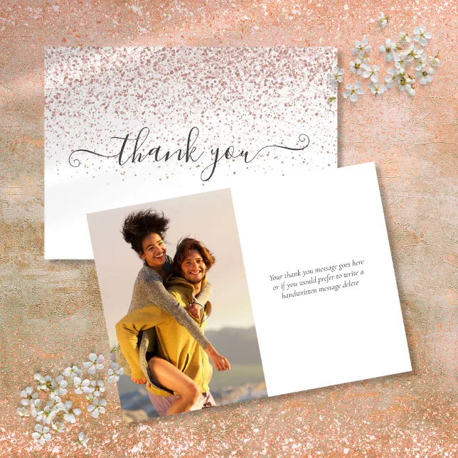 Simple Modern Rose Gold Glitter Script Photo Thank You Card | Zazzle