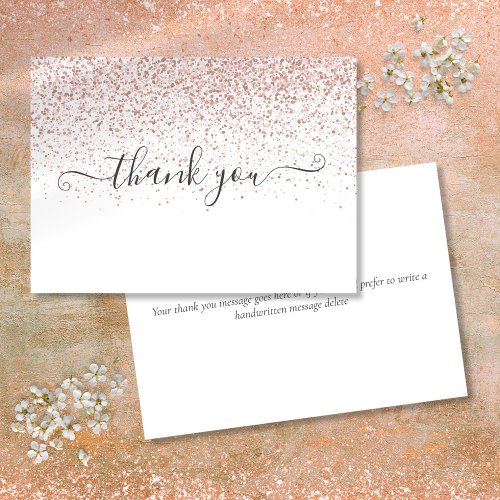 Simple Modern Rose Gold Glitter Script Thank You Card