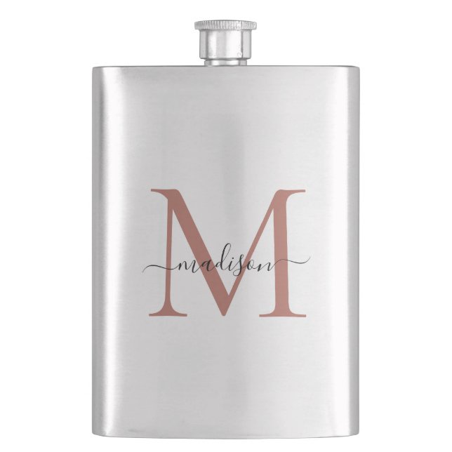 Simple Modern Rose Gold Monogram Girly Script Name Flask (Front)