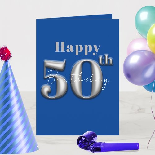 Simple Modern Royal Blue and Silver 50th Birthday Card