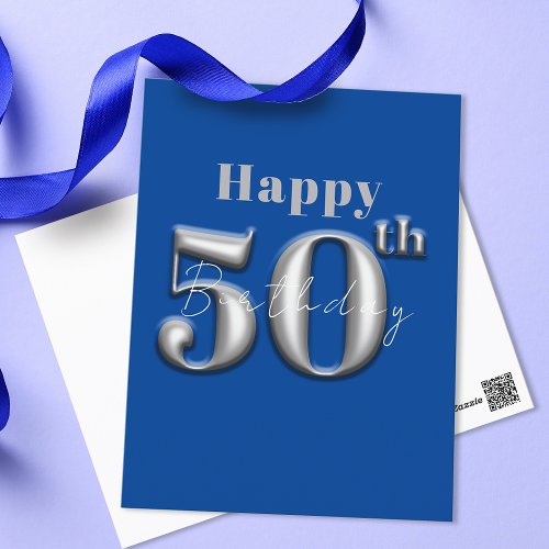 Simple Modern Royal Blue and Silver 50th Birthday Postcard