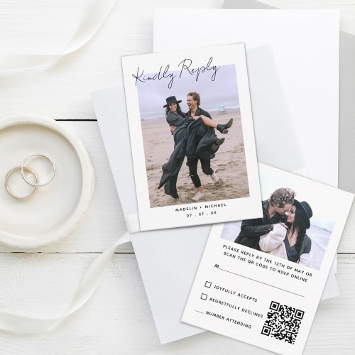 Simple Modern RSVP Wedding Photo QR Code Reply Enclosure Card