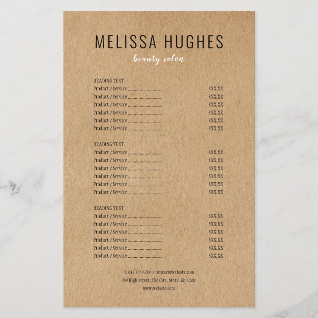 Simple Modern Rustic Kraft Salon Service Menu Flyer (Front)