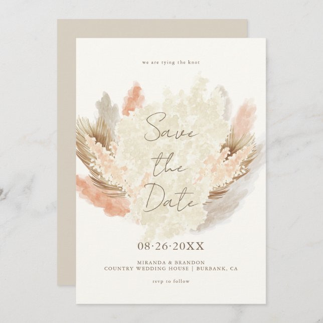 Simple Modern Rustic Pampas Grass Wedding Save The Date (Front/Back)