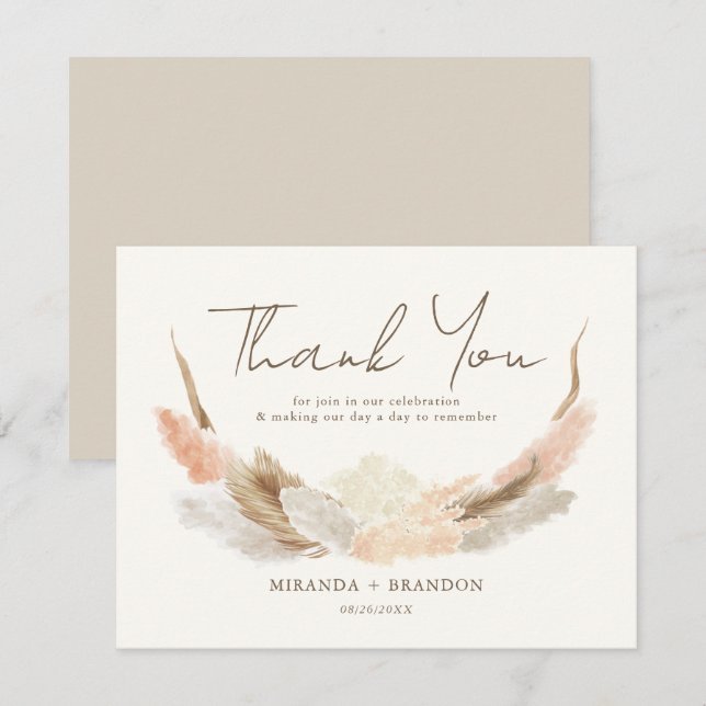 Simple Modern Rustic Pampas Grass Wedding Thank You Card (Front/Back)