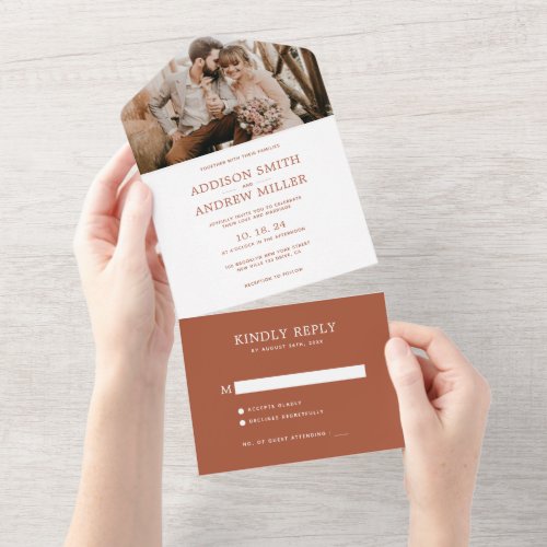 Simple Modern Rustic Terracotta Photo RSVP Wedding All In One Invitation