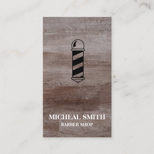 Simple Modern Rustic Wood Pole Barber Shop Business Card (Front)