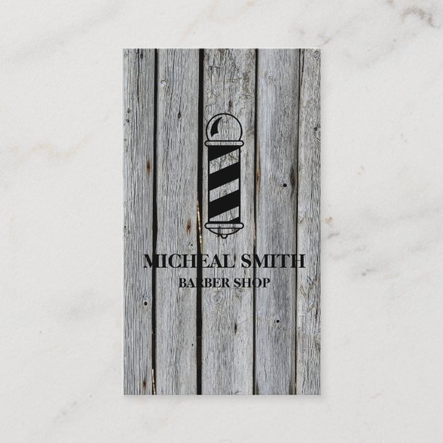Simple Modern Rustic Wood Pole Barber Shop Business Card (Front)
