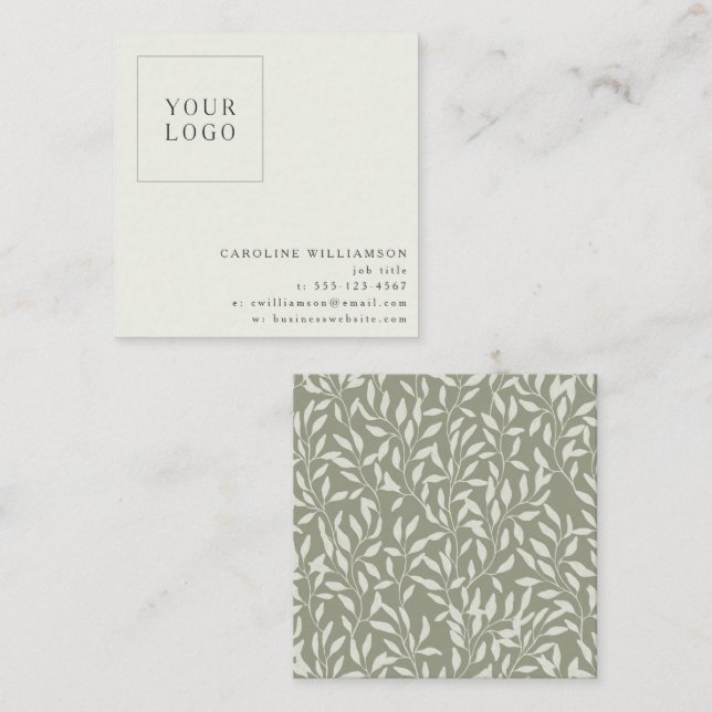 Simple Modern Sage Botanical Your Logo Custom Square Business Card (Front/Back)