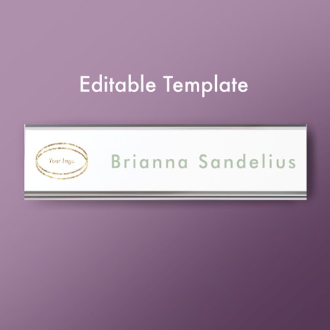 Simple Modern Sage Green Business Logo Custom Desk Name Plate (Add your name and logo to create a custom desk name plate. Stylish modern sage script.
)