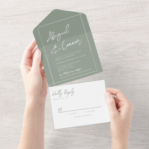 Simple Modern Sage Green Calligraphy All In One Invitation