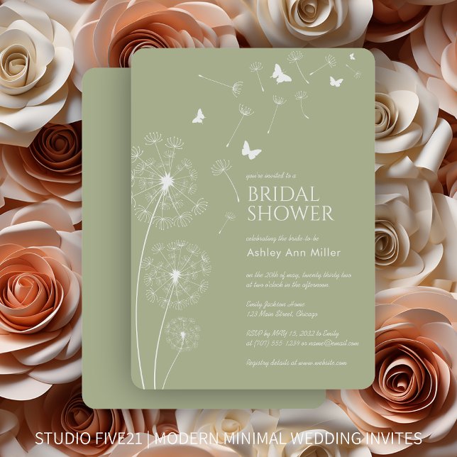 Simple Modern Sage Green Dandelion Bridal Shower Invitation (Creator Uploaded)