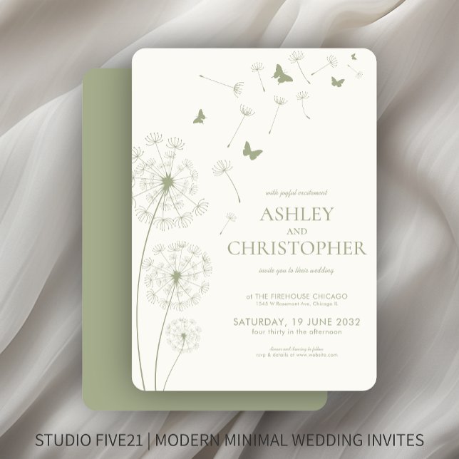 Simple Modern Sage Green Dandelion Wedding Invitation (Creator Uploaded)