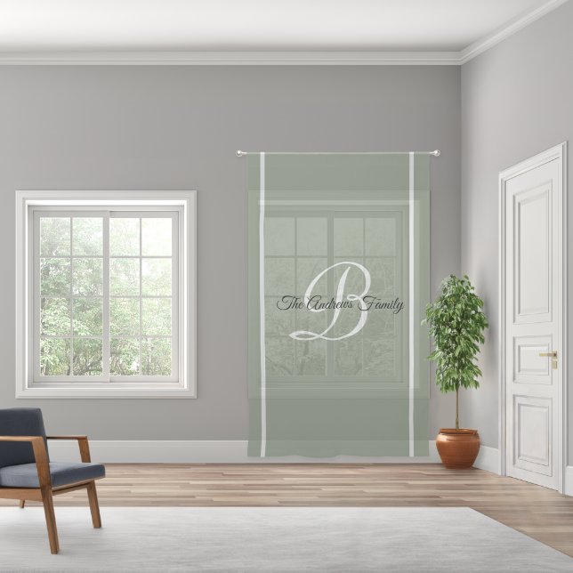 Simple Modern Sage Green Monogram Family Name Sheer Curtains (Wide)