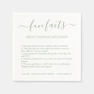 Simple Modern Sage Green Script Fun Facts Wedding Napkins