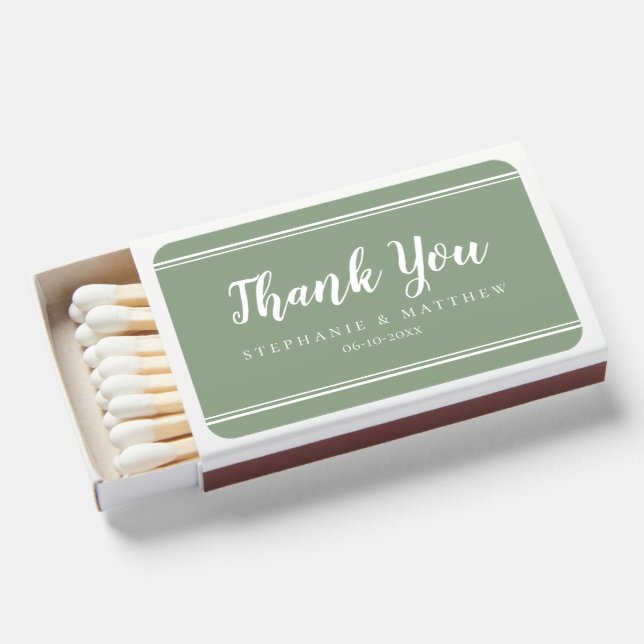Simple Modern Sage Green Thank You Wedding Favor  Matchboxes (Front Open)