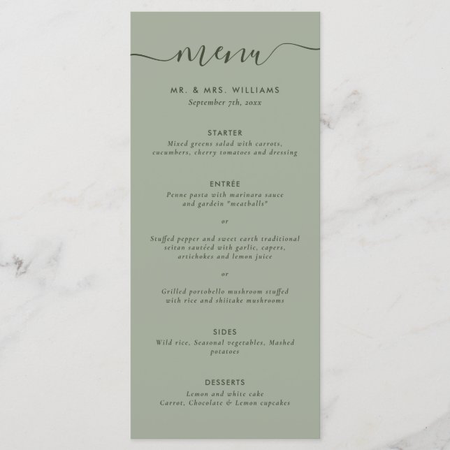 Simple Modern Sage Green Wedding Menu (Front)