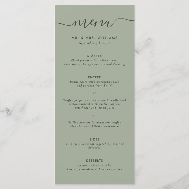 Simple Modern Sage Green Wedding Menu Zazzle