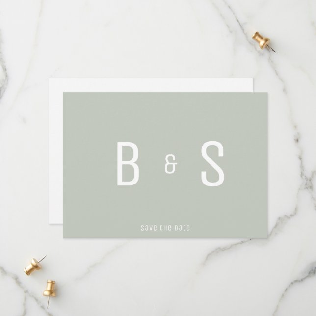 Simple Modern Sage Monogram QR Code Save The Date (Front/Back In Situ)
