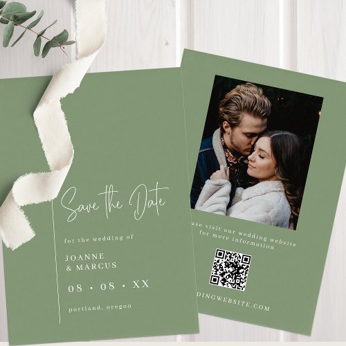 Simple Modern Sage Photo  QR Code Save The Date