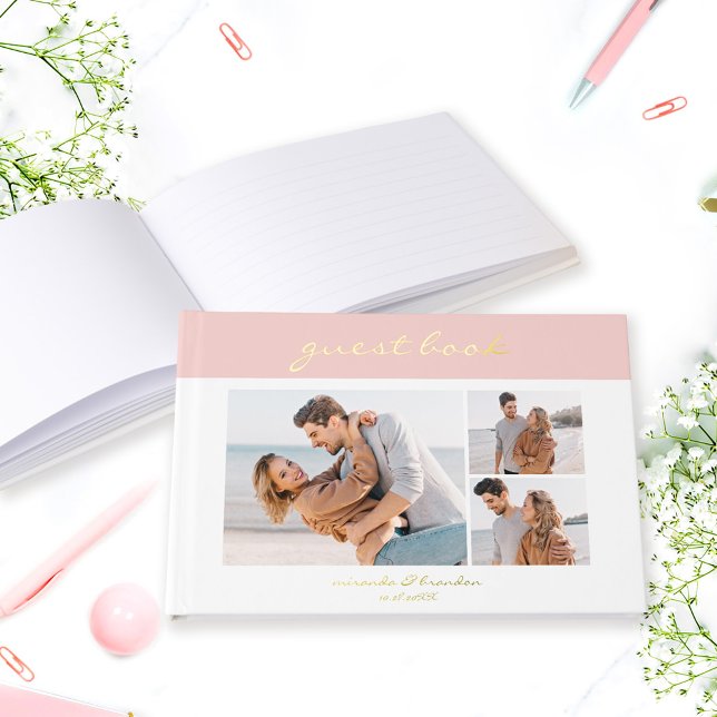 Simple Modern Salmon Pink Handwritten Script Photo Foil Guest Book (Creator Uploaded)