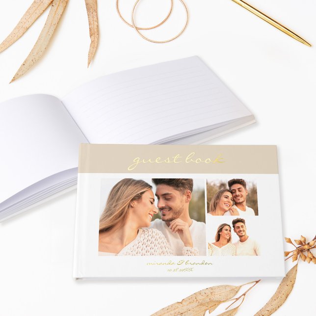 Simple Modern Sand Beige Handwritten Script Photo Foil Guest Book (Creator Uploaded)