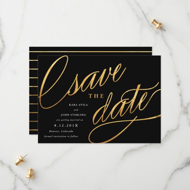 Simple Modern Save the Dates | Black & Gold Date (Front/Back In Situ)