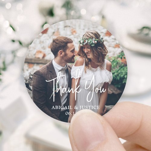 Simple Modern Script and Photo Wedding Thank You Classic Round Sticker