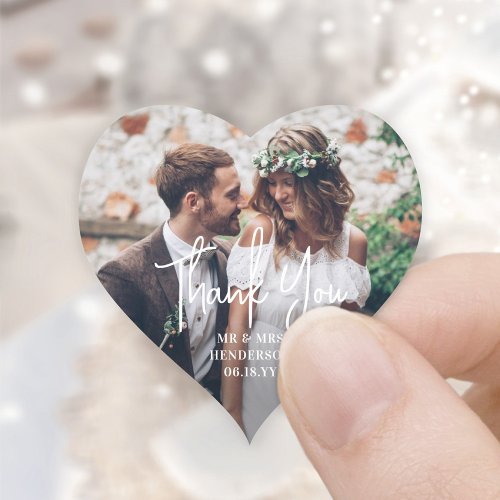 Simple Modern Script and Photo Wedding Thank You Heart Sticker