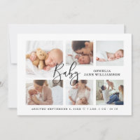 Simple Modern Script Baby Photo Collage Birth Announcement