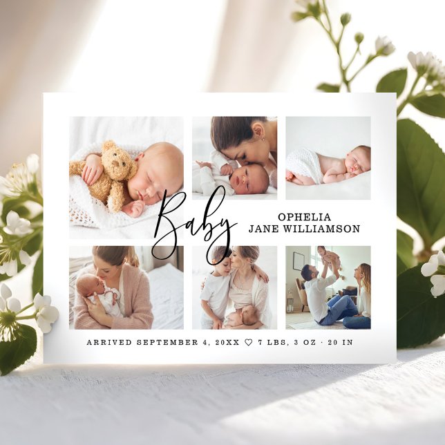Simple Modern Script Baby Photo Collage Birth Announcement (Simple Modern Script Baby Photo Collage Birth Announcement)
