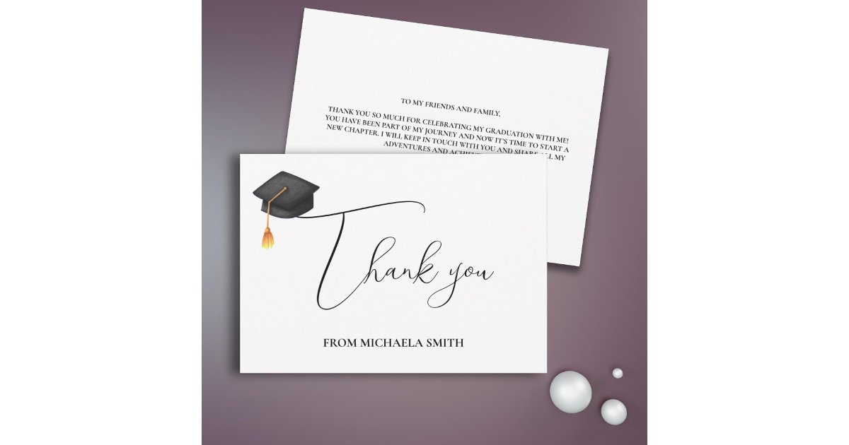 Simple Modern Script Black Graduation Cap Thank You Card | Zazzle