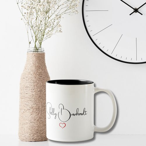 Simple Modern Script Black White Personalized Chic Two_Tone Coffee Mug