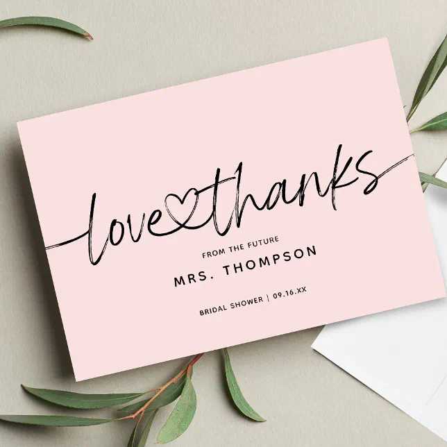 Simple Modern Script Bridal Shower Blush Pink Thank You Card | Zazzle