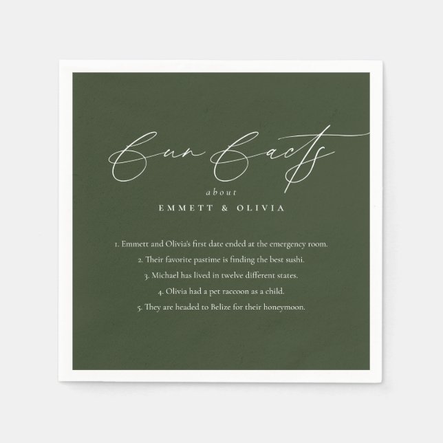 Simple Modern Script Calligraphy Fun Facts Wedding Napkins (Front)