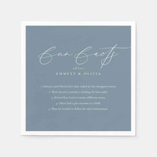 Simple Modern Script Calligraphy Fun Facts Wedding Napkins (Front)