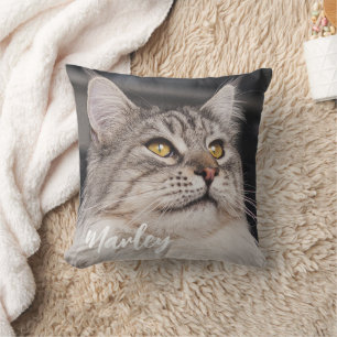 Simple Modern Script Custom Cat Photo Throw Pillow