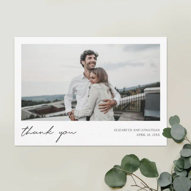 Simple Modern Script Custom Photo Wedding Thank You Card | Zazzle
