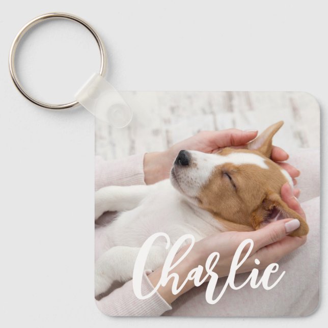 Simple Modern Script Dog Name 2 Photo Keychain (Front)