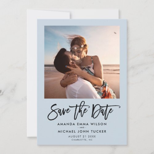 Simple Modern Script Dusty Blue Chic Photo Save The Date