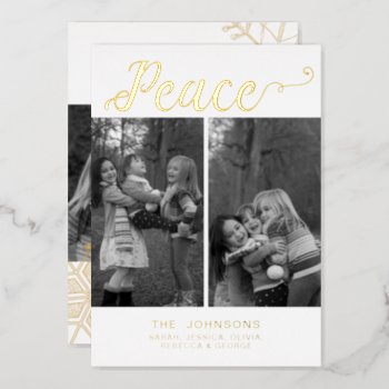 Simple Modern Script Handwritten Peace 3 Photos Foil Holiday Card by XmasMall at Zazzle